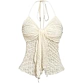 Verdusa Women's Textured Mesh Y2k Halter Top Bow Tie Slit Backless Going Out Tops