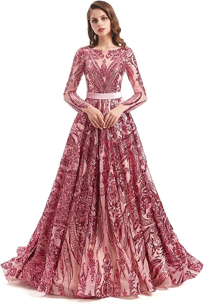 Photo 1 of Ikerenwedding Women's Scoop Sequins Long Sleeves Lace-up Prom Ball Gown Pink US8