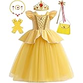 Hulaha Girls Belle Princess Dress Kids yellow Princess Costume Girls Belle Dress Up with Jewelry Accessories 6-7Years