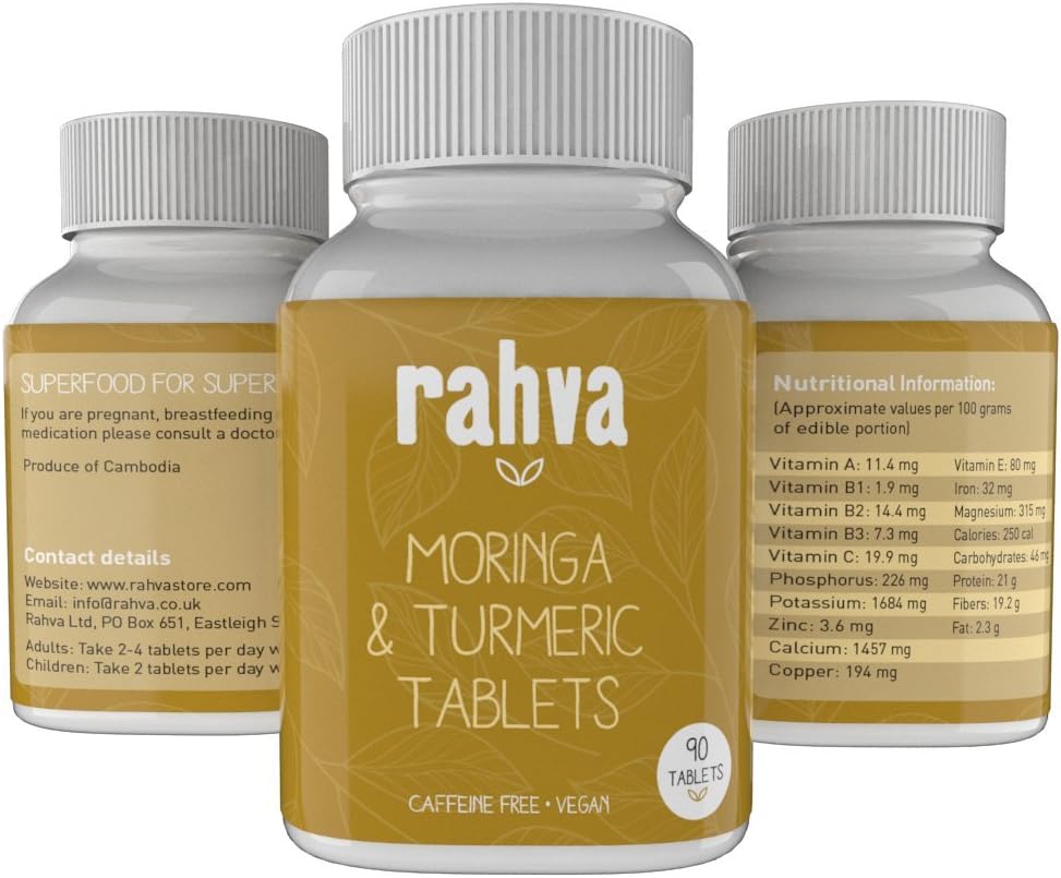 Moringa and Turmeric Tablets - Rahva Certified Organic Premium Raw Moringa & Turmeric Vegan Supplement - 90 400mg Tablets