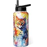 Hqhzaha Cat Water Bottle 32oz Vacuum Insulated Funny Water Bottles Thermoses with Straw Lid Cat Gifts for Cat Lovers Owners Cat Stuff Things for Women Men Cute Tie Dye Travel Tumbler Cup