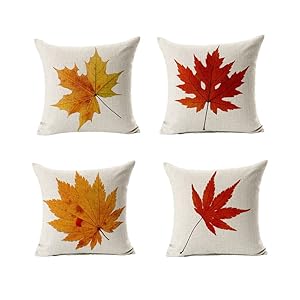 All Smiles Decorative Fall Throw Pillow Covers Cases Outdoor Autumn Decor Thanksgiving Maple Leaves Cushion Cotton Linen for Patio Couch Home Sofa Set of 4,18x18