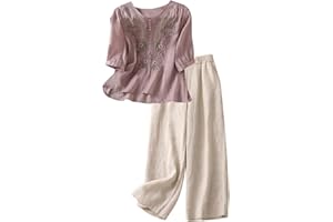 Capri Sets Women 2 Piece Outfits Summer Fall Casual 3/4 Sleeve Embroidered Tops Capri Pant Cotton Linen Lounge Set