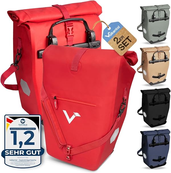 Valkental® Große & wasserdichte Gepäckträgertasche [28L] Abschließbare Befestigung [PVC frei] Fahrradtasche für Gepäckträger mit großen Reflektoren - Inkl. Tragegurt & Innenfächer - Geprüfte Qualität