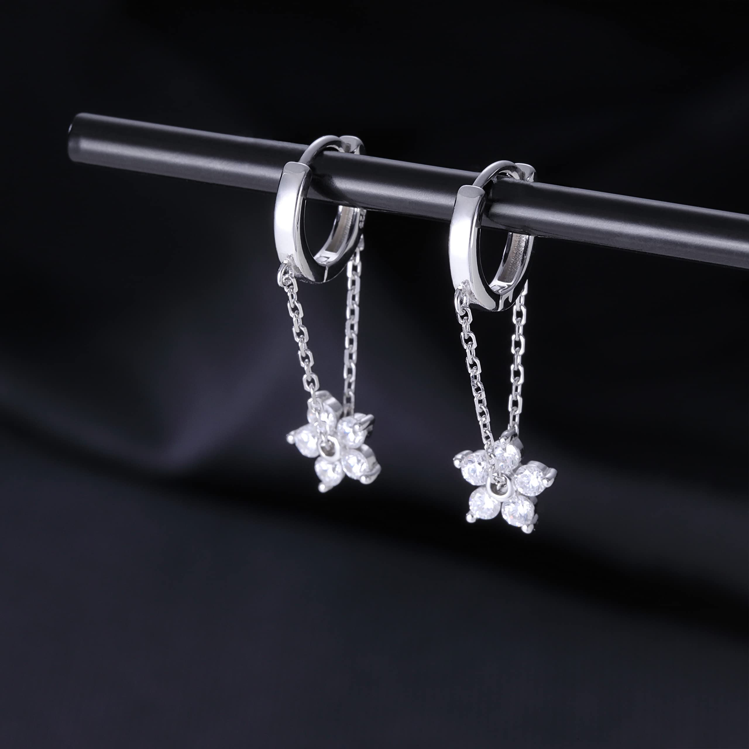 Reffeer 925 Sterling Silver Flower Chain Drop Earrings Hoop for Women Teens Huggie Hoop Dangle Earrings Chain