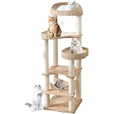 JLDUQKUM Wooden Cat Tree for Indoor Cats, 62 in Tall Cat Tower | with Scratching Post for Large Cats, Solid Wood Cat Condo, with Handwoven Basket and Hammock, Easy to Clean