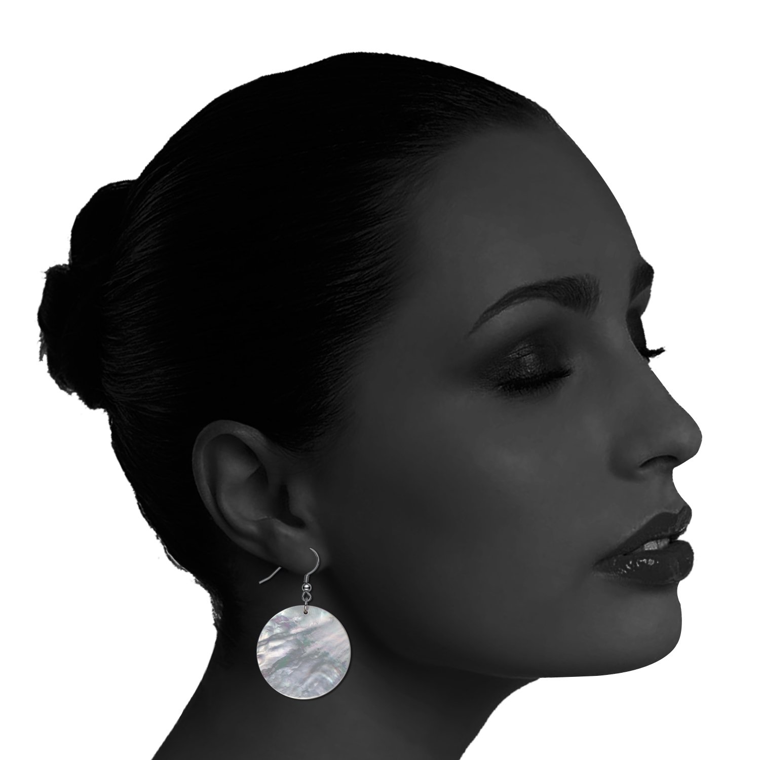 Large Round Dangle Earrings Sterling Silver Shell Drop Earrings , White