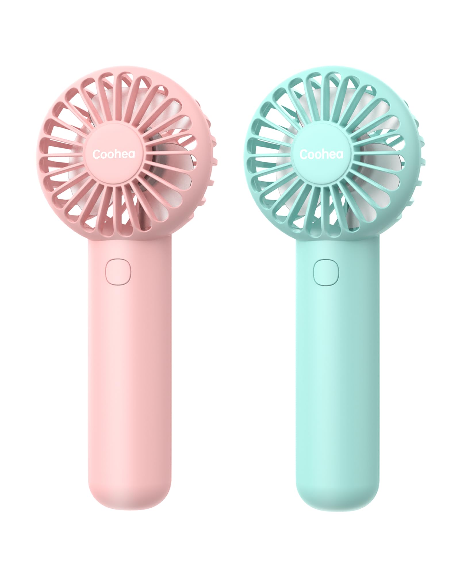 Coohea 2-Pack Pink & Blue Handheld Fan, Small Cute Design, 3 Powerful Speeds, Operated by USB/Rechargeable Battery, Personal Portable Fan with Base & Lanyard, for Eyelash Makeup Travel Beach Office