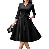 HomRain Elegant Long Sleeve Church Dress for Women V-Neck A-Line Swing Cocktail Causal Dress with Pockets