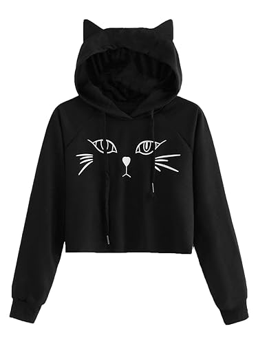 SweatyRocks Women's Long Sleeve Hoodie Crop Top Cat Print Pullover  Sweatshirt Black#1 M in Kuwait Whizz Fashion Hoodies Sweatshirts