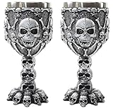 Set of 2 Silver Skulls & Bones Wine Goblet Stainless Medieval Collectible Home Decor Gift Water Cup Halloween Horror Film Theme Party Ornamental (2G16598) ~ We Pay Your Sales Tax