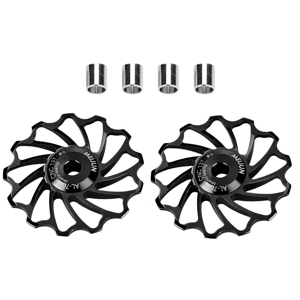Bike Derailleur Pulley, 2Pcs 11T/13T Ceramic Bearing Rear Pulley Wheel for Mountain Bike with 4mm 5mm 6mm Adapter (13T-Black)