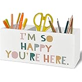 XLDLIOO Boho Classroom Decor, Boho Classroom Pen Pencil Holder Organizer for Desk Accessories, I'm So Happy You're Here Wooden Box Sign Desk Decor for Kids Room Bedroom Decoration