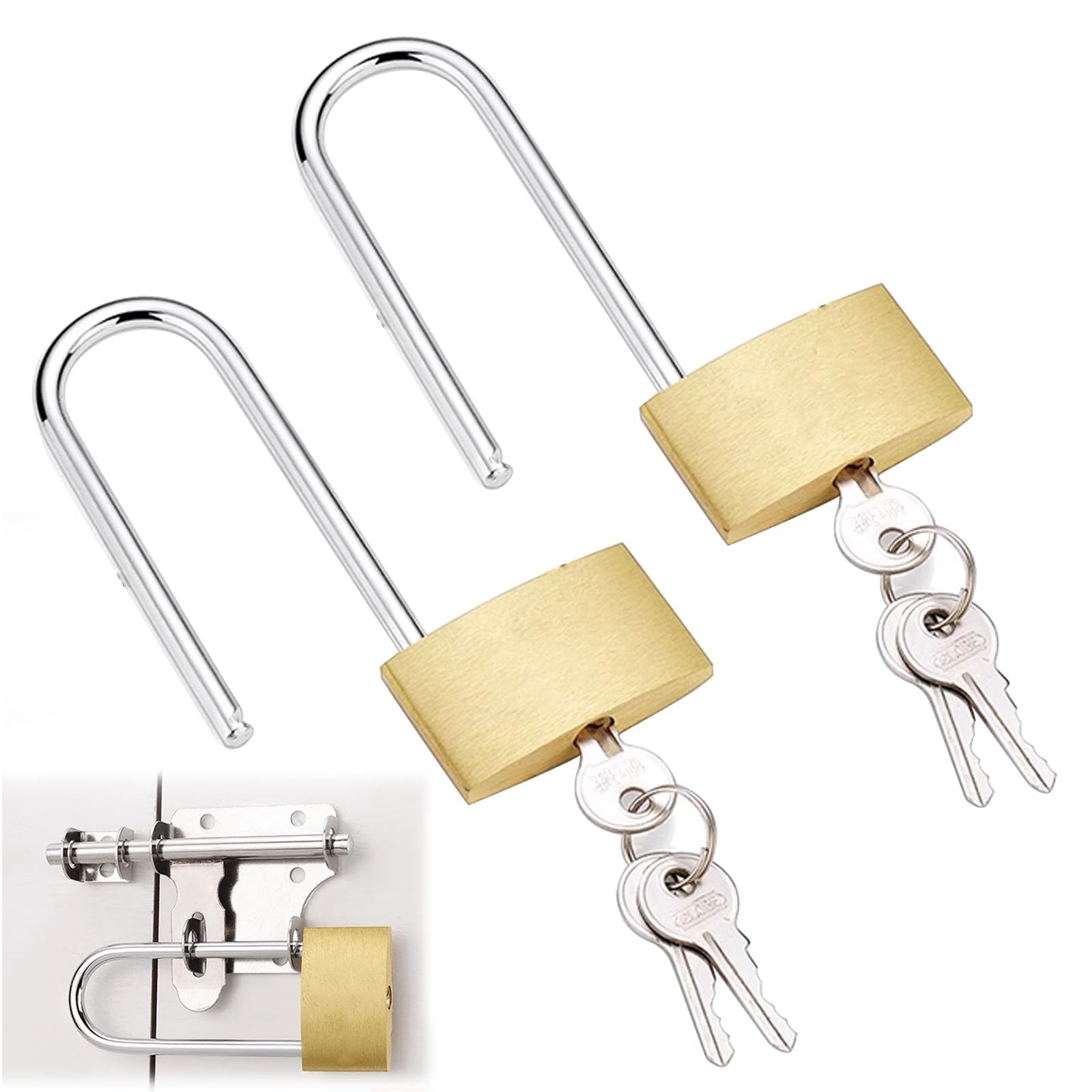PLATEYTR Pack of 2 padlocks with key, 60mm long shackle solid brass padlock outdoor weatherproof mini padlock key similar locker locks suitable for school, gym lockers, cupboards, suitcases (yellow)