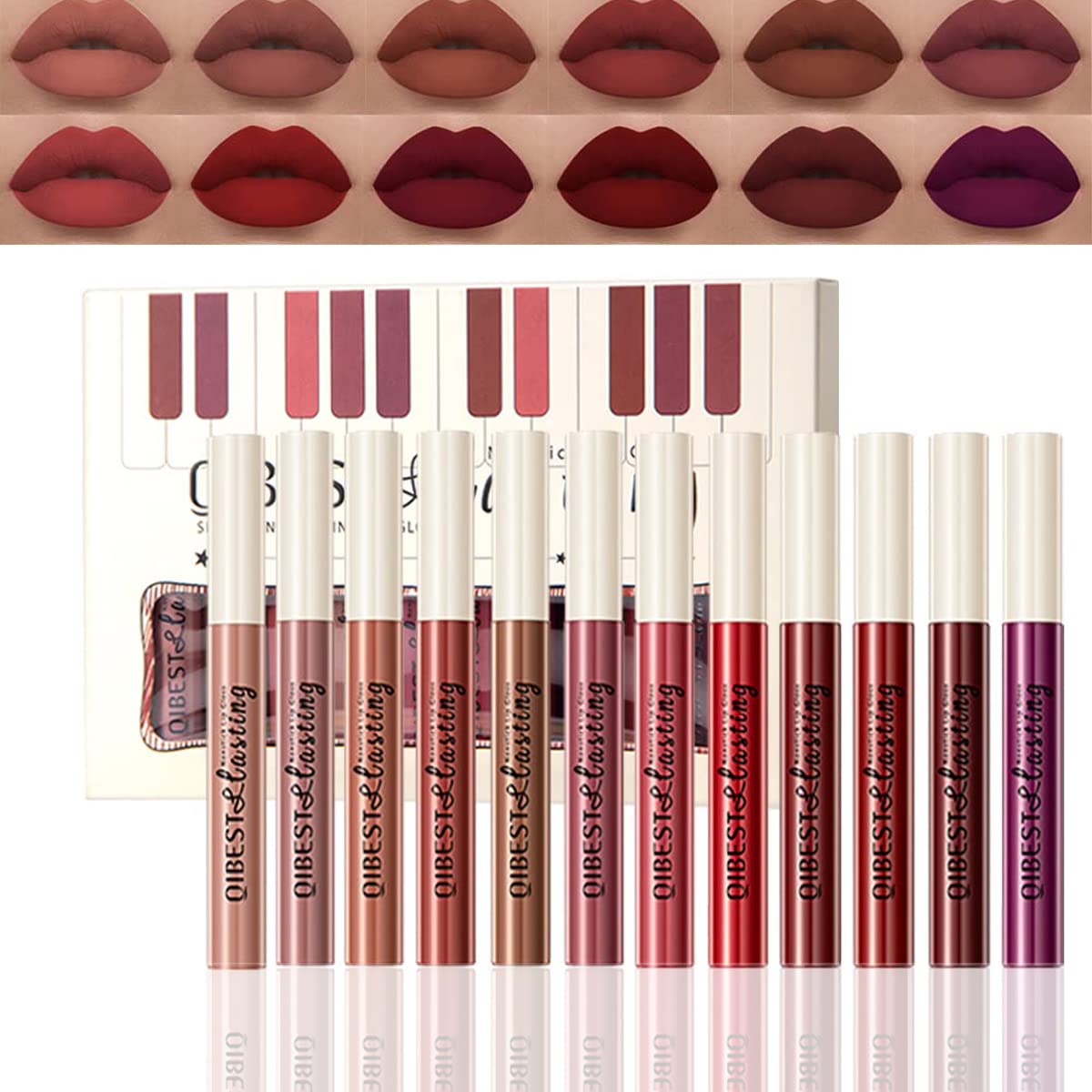 Pakivs 12Pcs Matte Liquid Lipstick Set, Dark Bright Red 24-hour Lip Gloss Kit Long-Lasting Waterproof Lip Stain Non-Stick Cup Not Lipgloss Set for Women