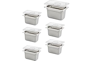 HECMAC 6 Pack Anti-Jam Hotel Pan with Clear Plain Lid, 1/9 Size 4 Inch Deep, Heavy Duty, Commercial Stainless Steel Chafing Steam Table Pan, Catering Storage Metal Food Pan, 23 Gauge