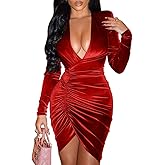 YMDUCH Women's Sexy Long Sleeve V Neck Ruched Bodycon Wrap Cocktail Club Mini Dress