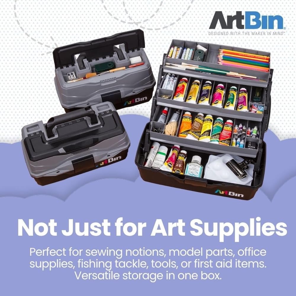 ArtBin 3-Tray Art Supply Box Versatile Organizer for Brushes, Paints, Stamps, and More - Durable Hard Plastic, Secure Closure, Portable with Top Trays and Dividers