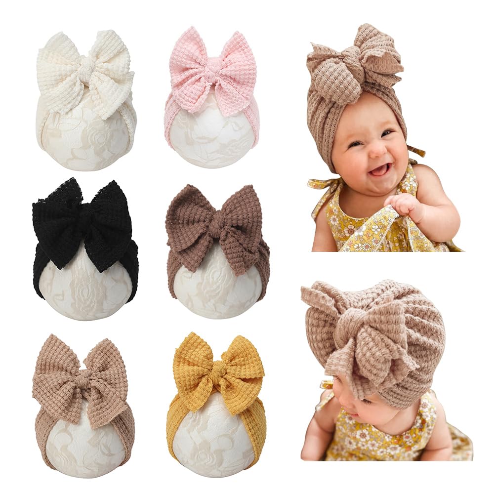 Esumun Baby Girls Hair Bow Turban Hat 6PCS Set, Top Bowknot Head Wrap Beanie India Caps for Infant Toddlers