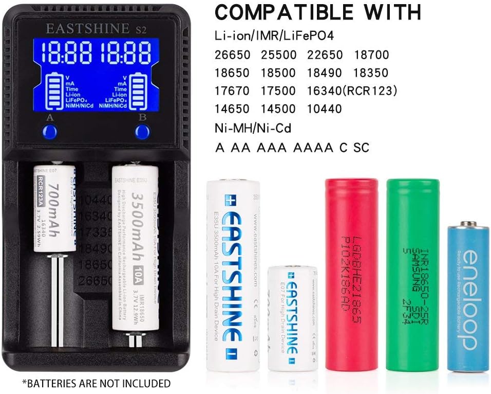 Universal Battery Charger EASTSHINE S2 LCD Display Speedy Smart Charger for Rechargeable Batteries Ni-MH Ni-Cd AA AAA Li-ion LiFePO4 IMR 10440 14500 16340 18650 RCR123 26650 18500 17670 & Car Adapter: Electronics
