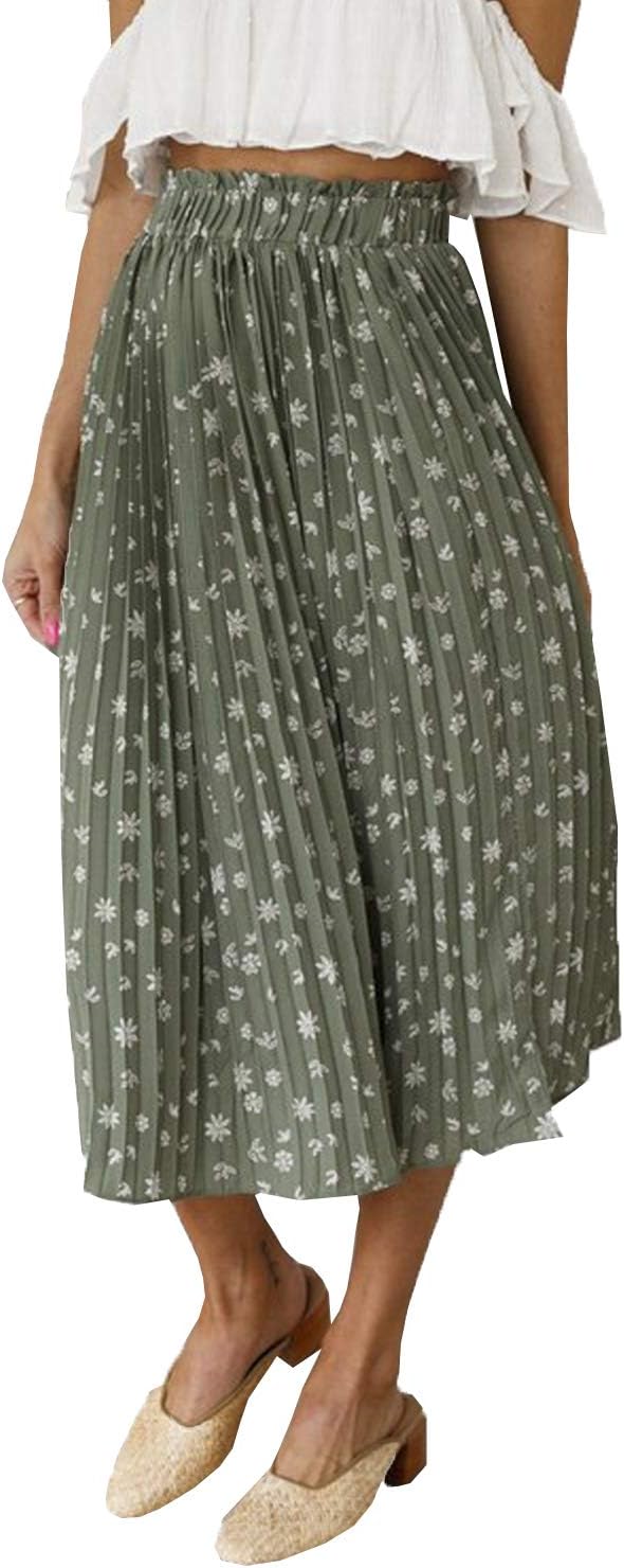 Fashiomo Women's High Waist Chiffon Floral Ruffle Pleated Midi Skirt