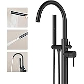 Ryuwanku Freestanding Bathtub Faucet Matte Black Tub Filler Floor Mount Free Standing Metal Bathroom Tub Gooseneck Spout With 2 Function Hand Shower