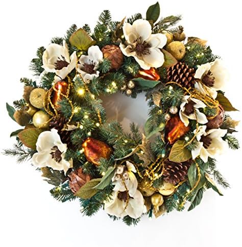 New Battery Pack! Pre-lit Decorated Wreath Gold Pear &amp; Magnolia 30"