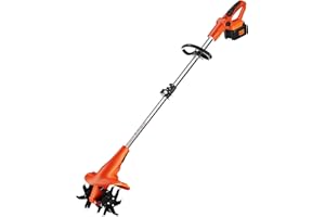 Ukoke Cordless Tiller Cultivator 40V 2.0 A Battery 280 max RPM Powered Tiller Cultivator, w/24 Steel Blade Cultivate Max Tilling 5'' deep Path by 7.8'' Wide, Orange, CT1940