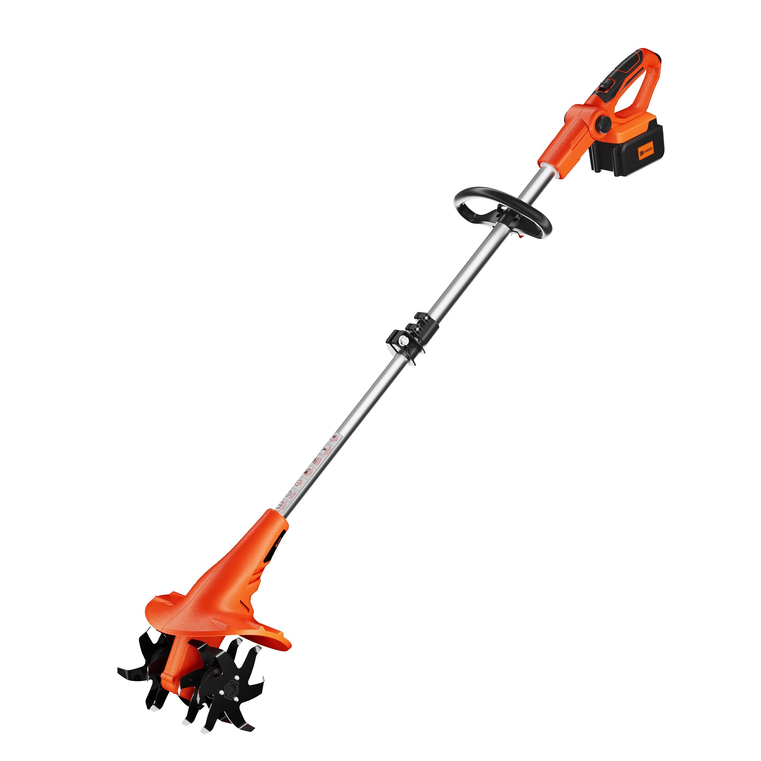 Photo 1 of Ukoke Cordless Tiller Cultivator 40V 2.0 A Battery 280 max RPM Powered Tiller Cultivator, w/24 Steel Blade Cultivate Max Tilling 5'' deep Path by 7.8'' Wide, Orange, CT1940