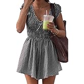 Meiyi station Womens Summer Gingham Rompers V Neck Puff Sleeve Smocked Playsuit Wide Leg Plaid Shorts Dressy Jumpsuits,XL