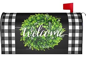 MIAOQUHE Welcome Wreath Mailbox Covers Magnetic Standard Size 18" X 21" Spring Decor Mailbox Cover Black White Buffalo Check Plaid Letter Box Covers Decoration for Holiday Garden Yard Decor