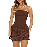 Wenrine Womens Strapless Mini Dress Sexy Lace Sleeveless Ruffle Tiered Summer Bodycon Party Club Tube Top Dresses