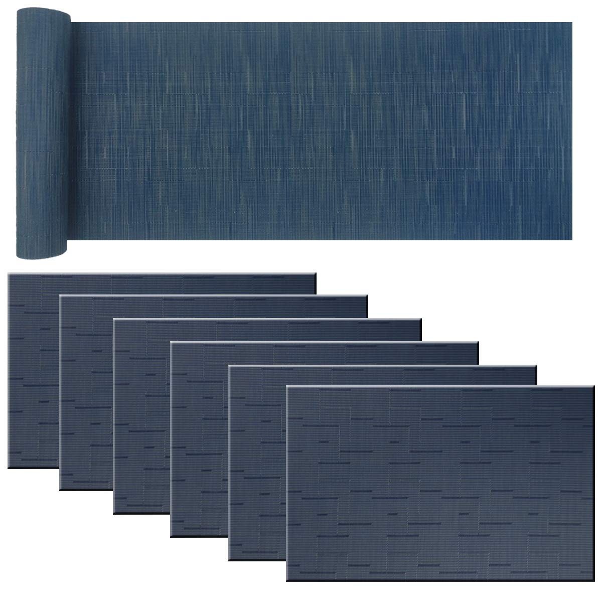 BECHEN Placemat Matching with Table Runner,Cross-Weave Heat Resistant Placemat Washable Table Mats Sets(6pcs Placemats + 1 Table Runner, Navy Blue)