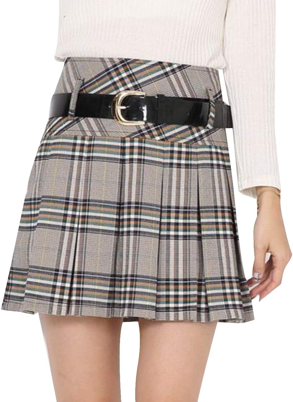 SOMTHRON Woen's High Waist A-Line Pleated Skirt Schoolgirl Mini Plaid Skirt 2 Style