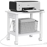 TUTOTAK Printer Stand, 2 Tier Rolling Printer Cart with Charging Station | Small Under Desk Printer Table with Wheels for Small Space, Office, Home, White PS01BW001