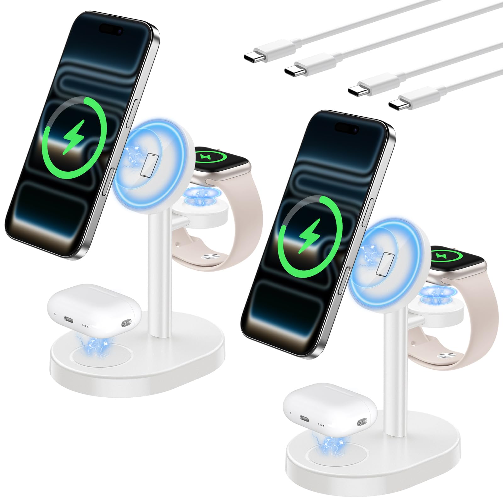 Hevanto 2026 3 in 1 Wireless Charging Station for Apple MagSafe Charger, 15W Fast Magnetic Mag-Safe Charger Stand for iPhone 17 16 15 14 13 12 Apple Watch AirPods, 2 Pack (Adaptor Not Included)