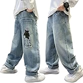 Nivne Tco Boys Baggy Jeans, Y2K Pants with Cartoon Embroidery - Fashion Loose Fit Casual Pants with Pockets for Kids.