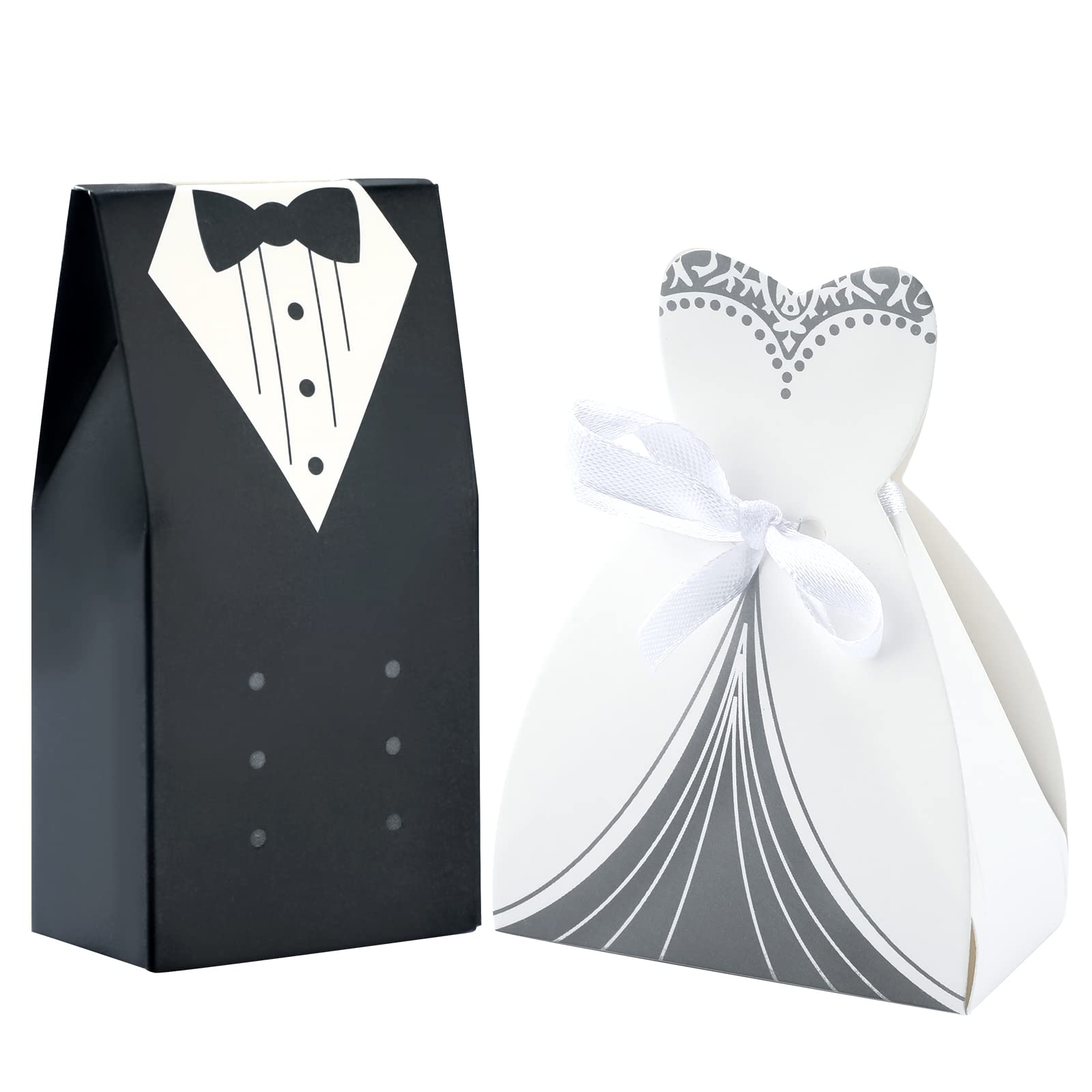 G2PLUS 100PCS Wedding Favor Boxes - 50 Pairs Bride and Groom Candy Boxes - Small Wedding Favors with Ribbons