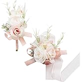 MAFELOE 2 Pieces Men Boutonniere Corsage Set, Artificial Flowers for Groom Groomsmen Wedding Prom Party Ceremony Anniversary Formal Dinner Flowers Accessories Suit Decor- Pale Pink