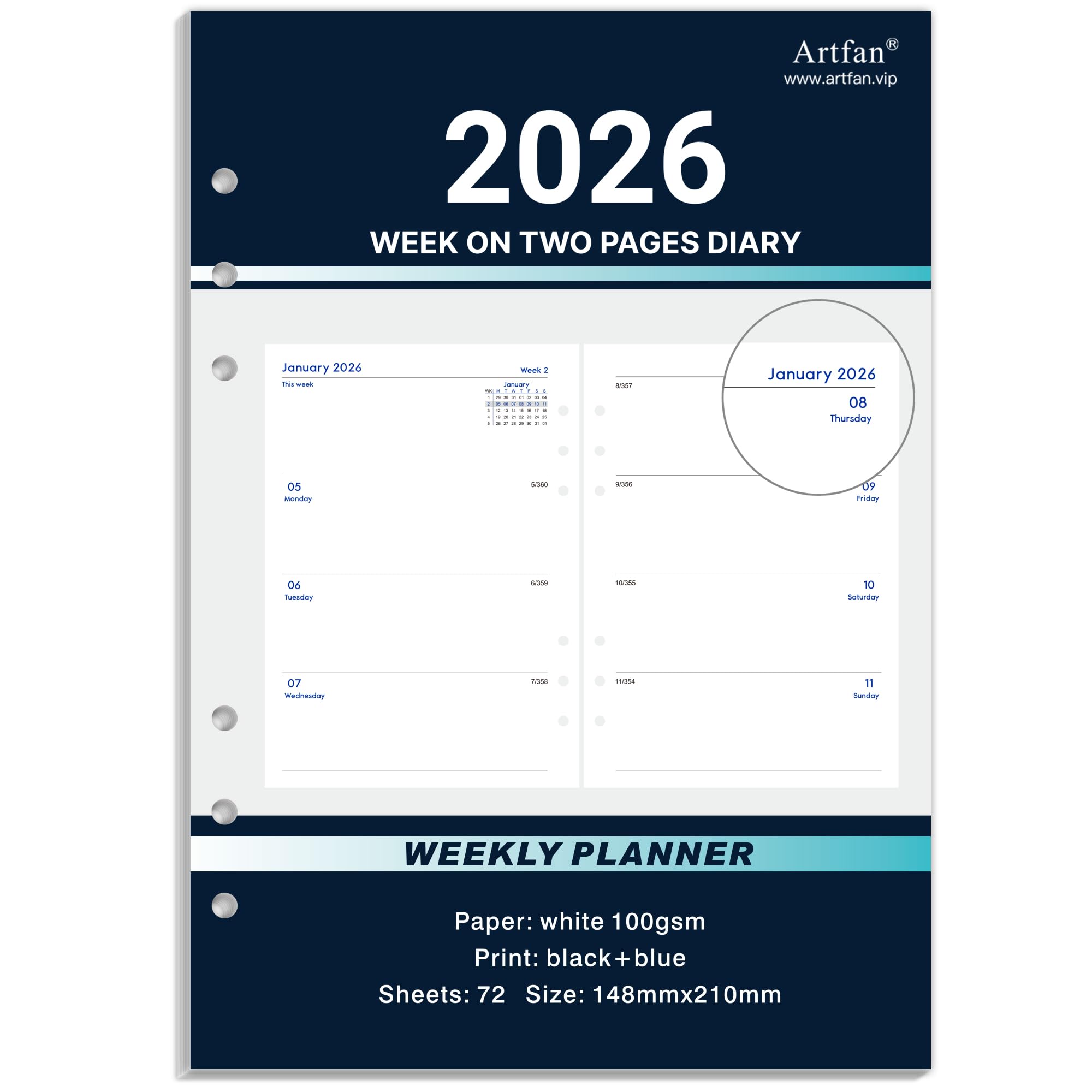 Refill Diary 2026 - A5 Week on Two Pages English Diary 2026, Organiser Refill 2026 from Jan. - Dec. 2027, 21.5x15.5 cm