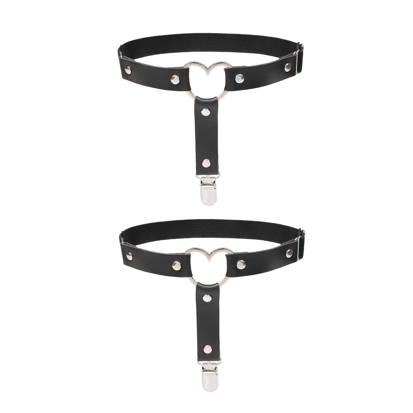 2pcs Adjustable Heart Thigh Garter with Anti-Slip Clips, Elastic Punk Leg Garters for Women, Black