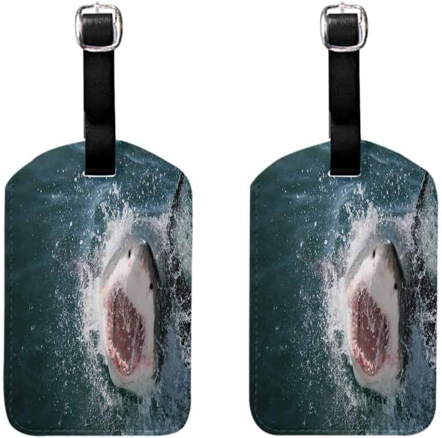 Shark Luggage tag with full back privacy cover (2 PCS) Wild Animal in the Sea Attacking Showing the Mouth and Teeth Scary Print Unisex Petrol Blue Grey White
