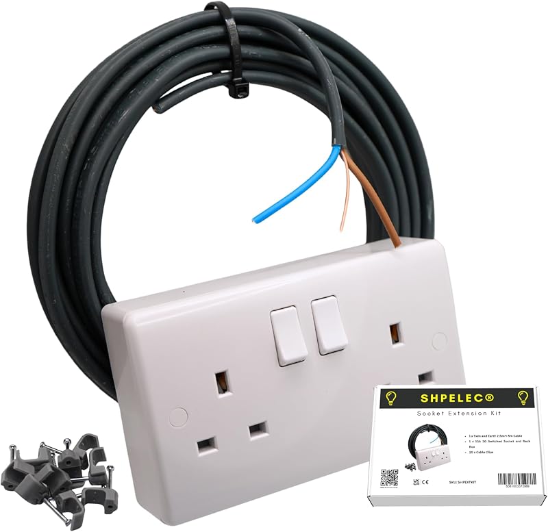 SHPELEC 13A Socket Extension Kit 5m Twin and Earth Cable 6242YH 2 Gang