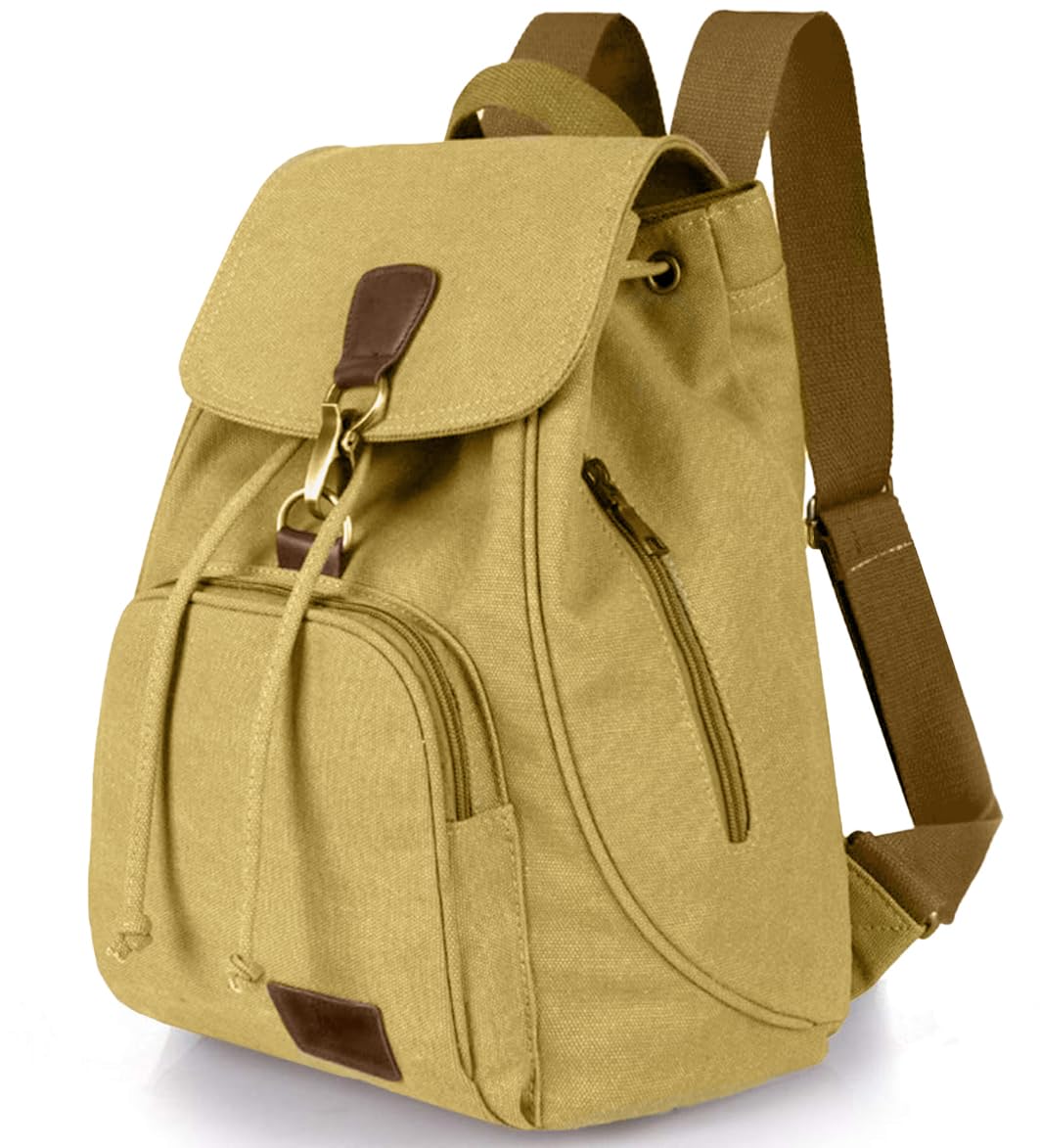 LassZone Women's Vintage Drawstring Backpack Fashion Canvas Rucksack Multi-Pocket Shoulder Bag Handbags Casual Day Pack for School Travel Shopping Outdoor