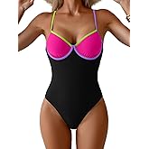 Eomenie Womens Swimsuit Color Block Spaghetti Straps One Piece Bathing Suit Tummy Control Slimming High Cut Swimwear