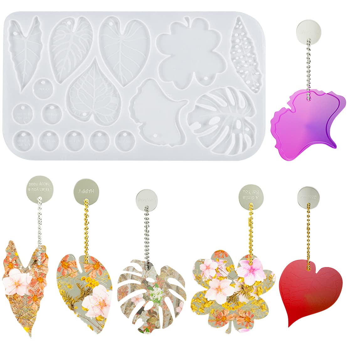 DeryArcle Heart Earring Resin Mould Leaf Shape Pendant Silicone Moulds Jewelry Epoxy Casting Mold with Hole for DIY Keychain Necklace Bracelet Charm Craft Decoration