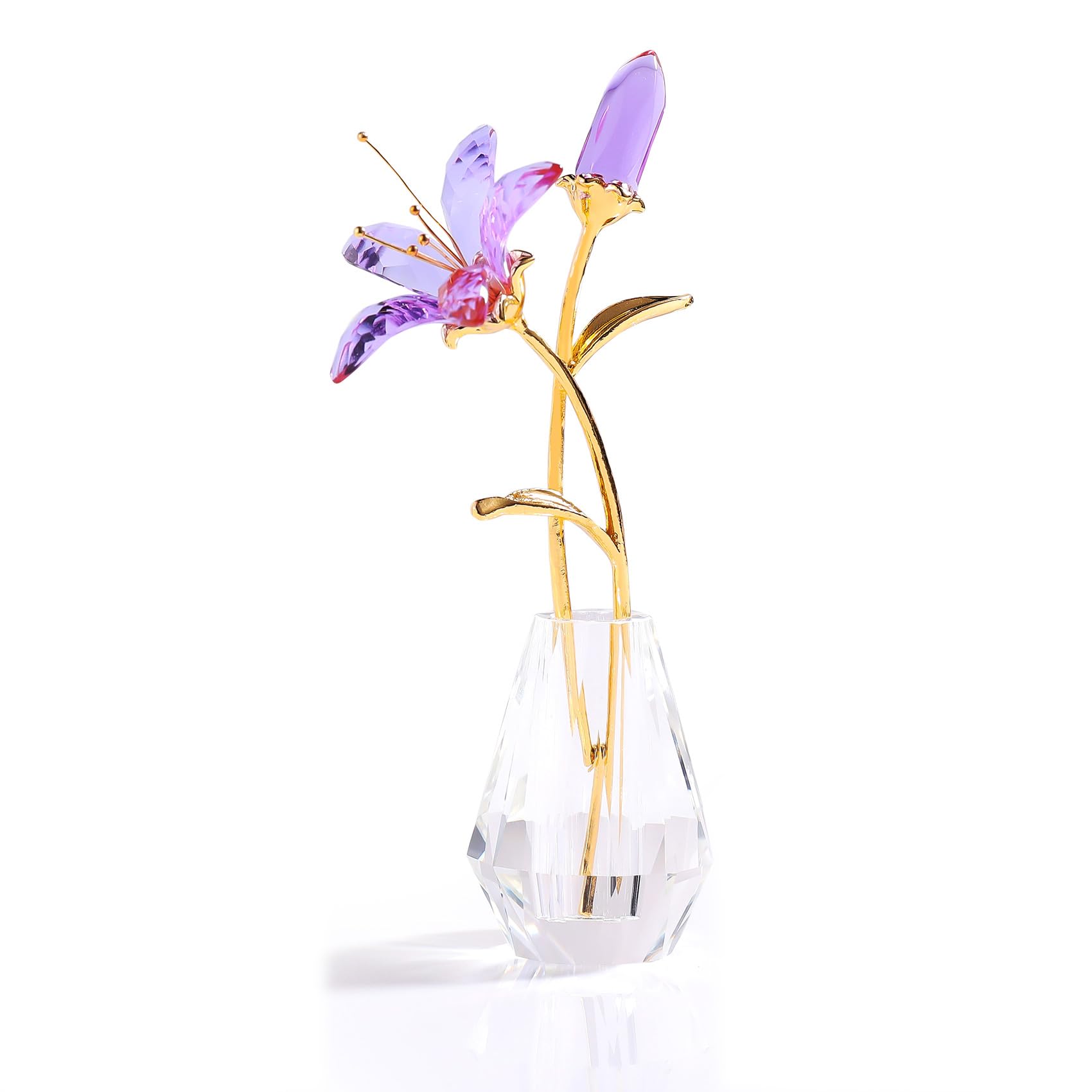 Ornalrist Crystal Lily Flower Figurine Collectible Gifts for Women, Glass Lilium Floral with Metal Stem Crystal Vase for Wedding Valentine's Day Party Home Ornament Decor (Purple)
