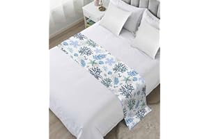 DecorLovee Blue Coastal Bed Runners for King Size Bed, Beach Nautical Bed Throws for Foot of Bed, Ocean Coral Starfish Seaside Bed Runner Sofa Throw Bedding Scarf Protector Slipcover for Bedroom