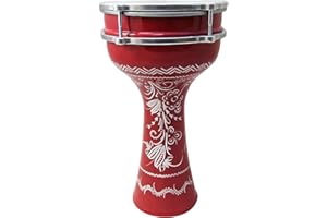 ZAZA Percussion 16'' Length Aluminum Darbuka, 8" Tunable Synthetic Head Turkish Doumbek Drum (Red - Engrave)
