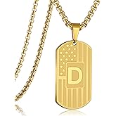 RWQIAN American Flag Initial Dog Tag Necklace for Men,Stainless Steel Letter A-Z with 24 Inch Chain Military Pendant Necklace Gift for Valentine's Birthday Christmas Anniversary Fathers Day